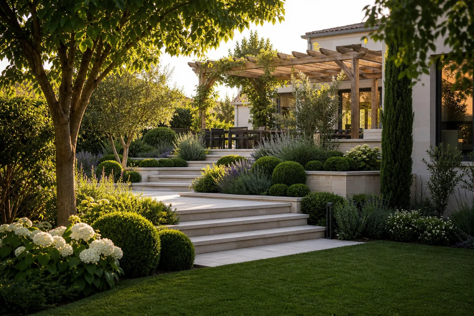 Aménagement de jardin haut de gamme avec pelouse et massifs en Gironde