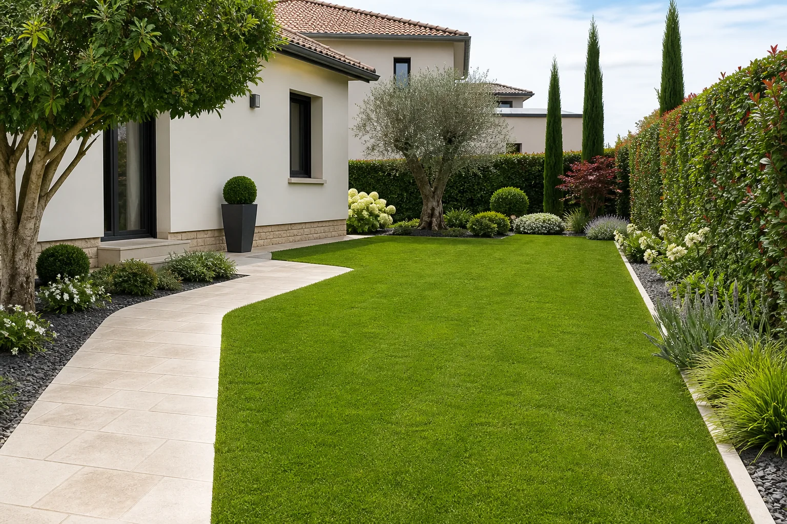 Jardin après aménagement paysager avec pelouse et massifs en Gironde