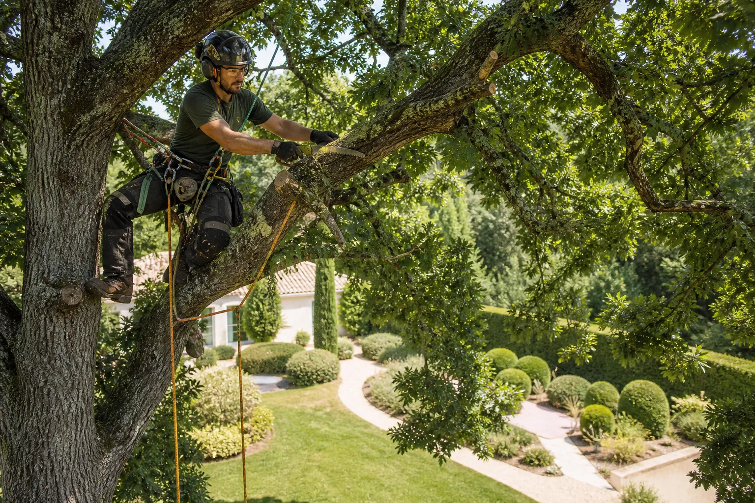 Élagage professionnel par arboriste grimpeur dans un jardin près de Bordeaux
