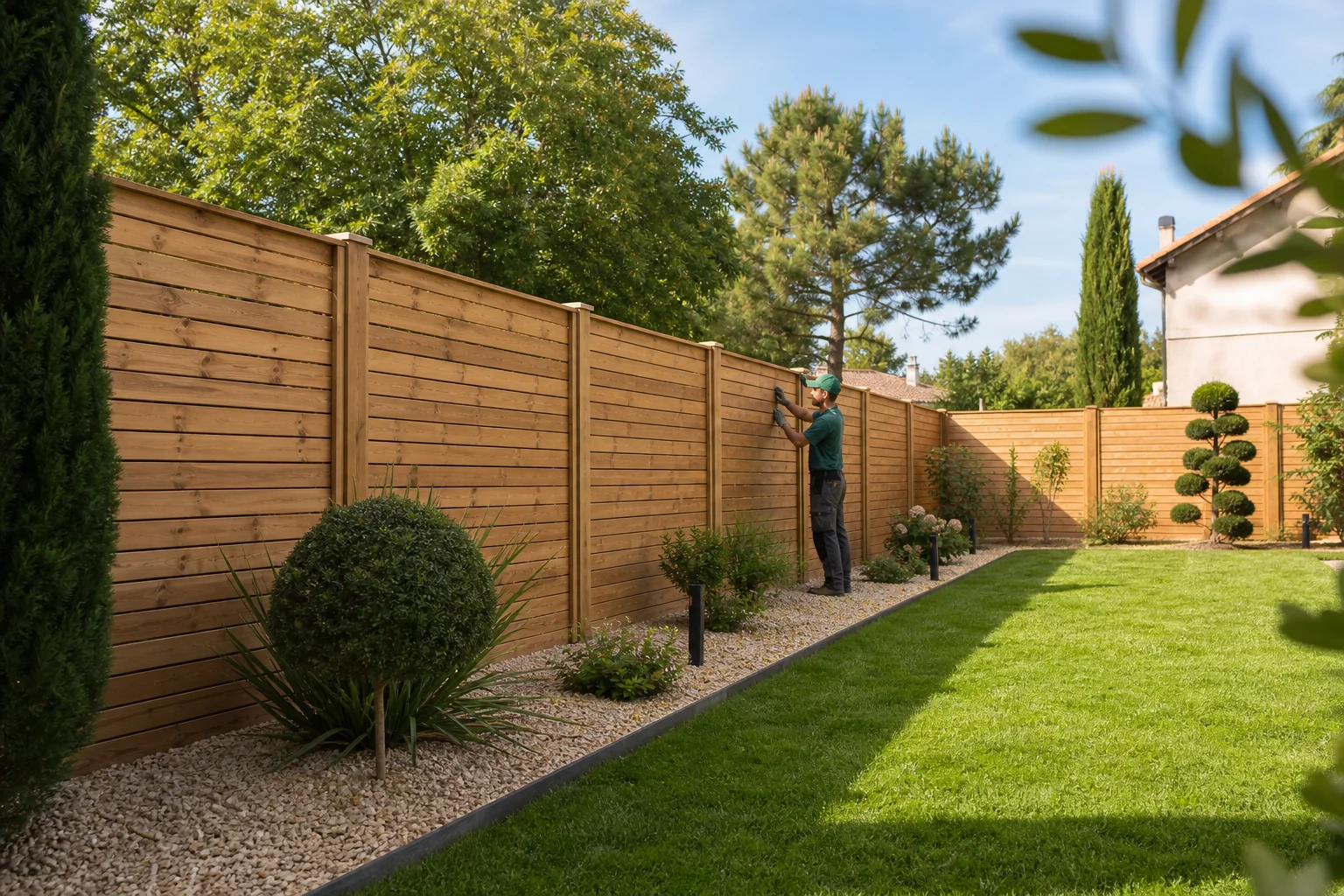 Pose de clôture en bois autour d'un jardin paysager à Bordeaux